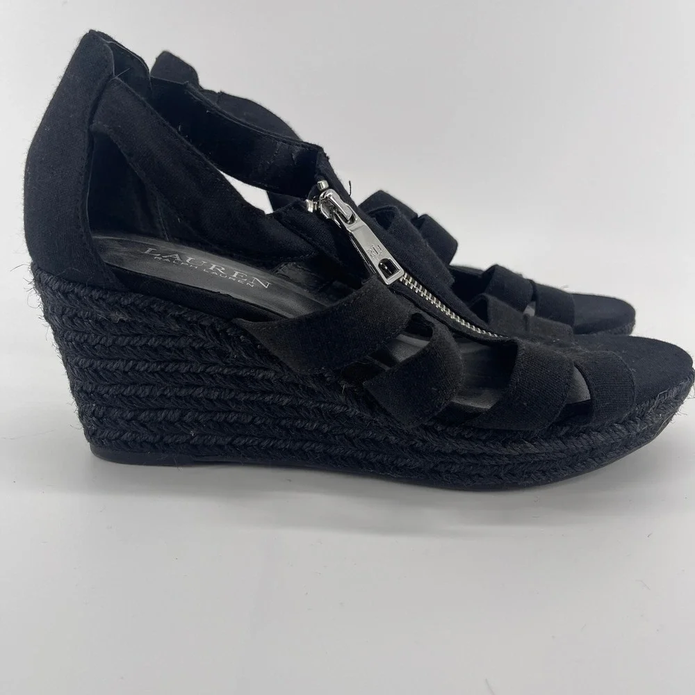 Lauren Ralph Lauren Kelcie Black Espadrille Wedge Heel‎ Sandals 8.5 B